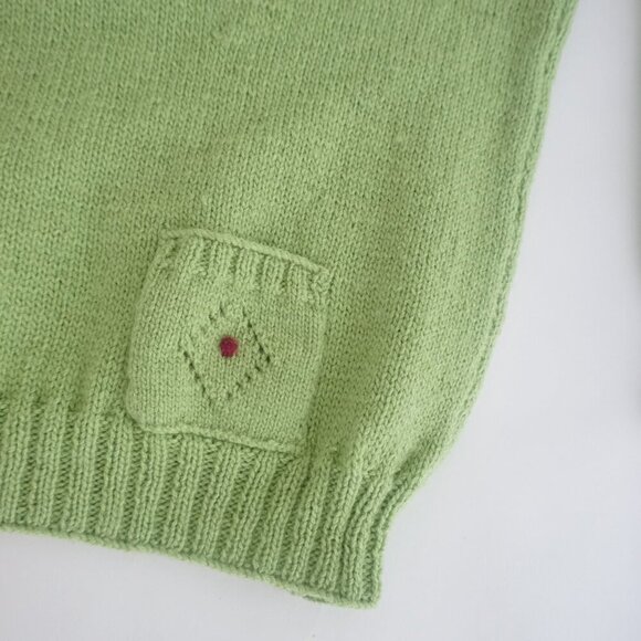Vintage Hand Knit Lime Green Argyle Crochet PomPom Scoop Neck Sweater Small - Picture 6 of 11
